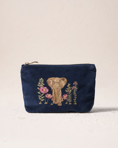 Botanical Elephant Velvet Mini Pouch - Navy