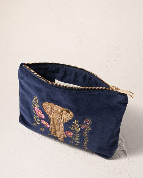 Botanical Elephant Velvet Mini Pouch - Navy