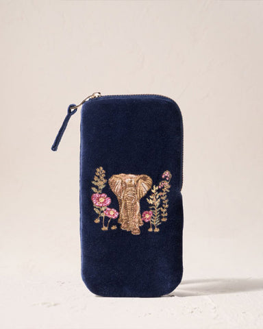 Botanical Elephant Velvet Glasses Case - Navy