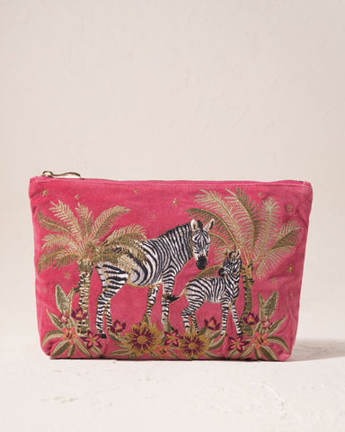 Botanical Zebra Velvet Everyday Pouch - Peony