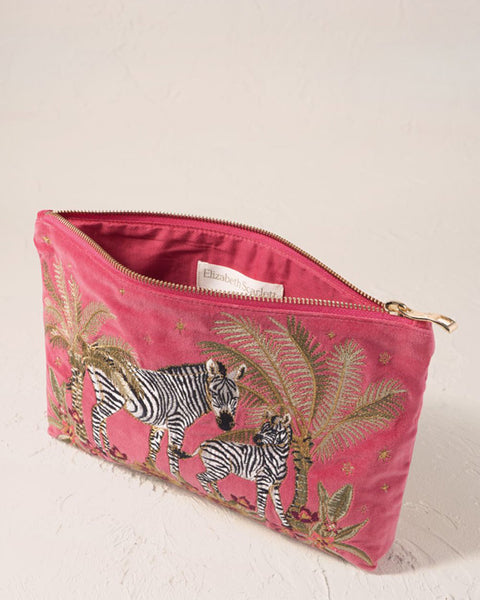 Botanical Zebra Velvet Everyday Pouch - Peony