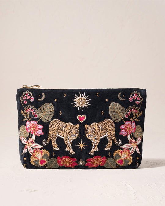 Celestial Leopard Velvet Everyday Pouch - Charcoal