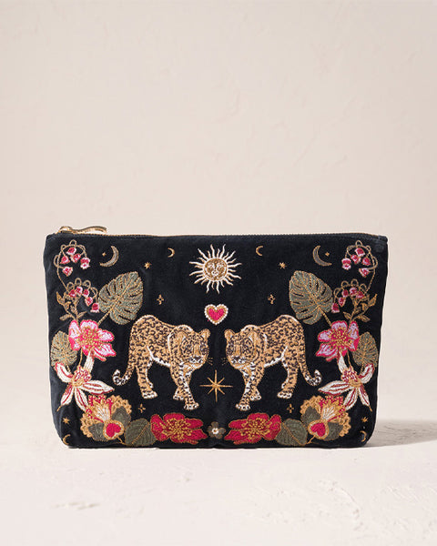 Celestial Leopard Velvet Everyday Pouch - Charcoal