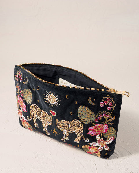 Celestial Leopard Velvet Everyday Pouch - Charcoal