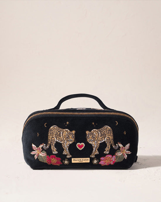 Celestial Leopard Velvet Open Flat Makeup Bag - Charcoal