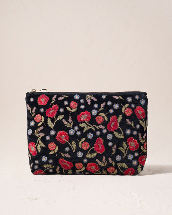 Poppy Meadow Velvet Pouch - Charcoal