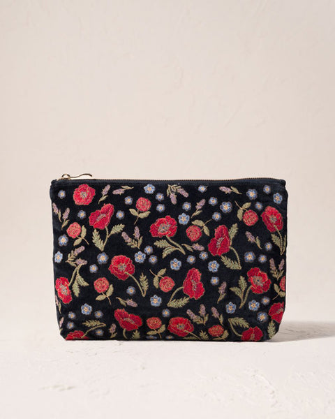 Poppy Meadow Velvet Pouch - Charcoal