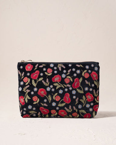 Poppy Meadow Velvet Pouch - Charcoal