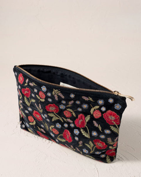 Poppy Meadow Velvet Pouch - Charcoal