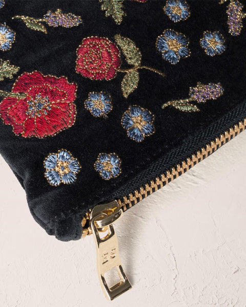 Poppy Meadow Velvet Pouch - Charcoal