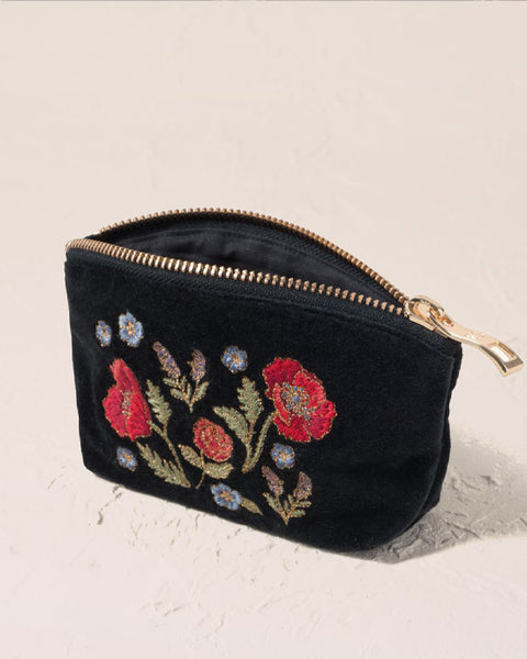 Poppy Meadow Velvet Coin Purse - Charcoal