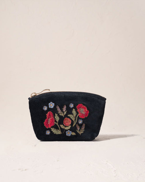 Poppy Meadow Velvet Coin Purse - Charcoal