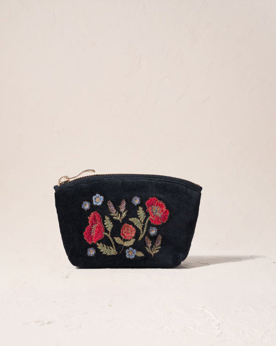 Poppy Meadow Velvet Coin Purse - Charcoal