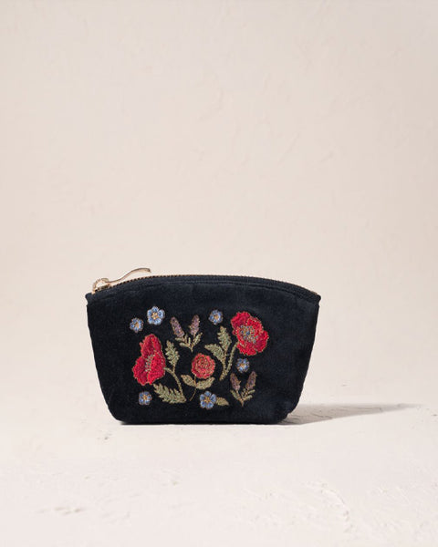Poppy Meadow Velvet Coin Purse - Charcoal