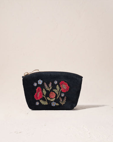 Poppy Meadow Velvet Coin Purse - Charcoal