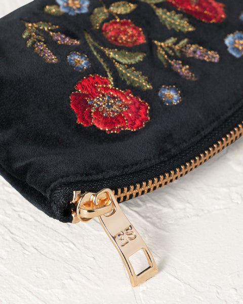 Poppy Meadow Velvet Coin Purse - Charcoal