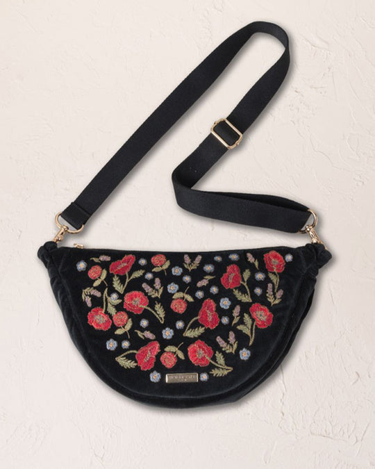 Poppy Meadow Velvet Crossbody Sling Bag - Charcoal