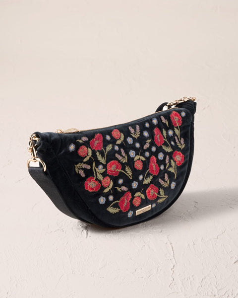 Poppy Meadow Velvet Crossbody Sling Bag - Charcoal