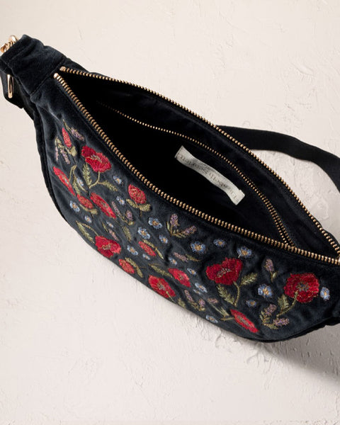 Poppy Meadow Velvet Crossbody Sling Bag - Charcoal