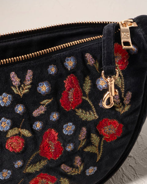 Poppy Meadow Velvet Crossbody Sling Bag - Charcoal