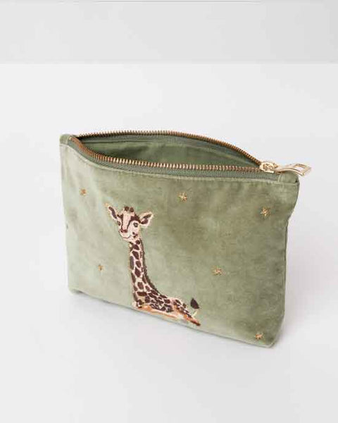 Giraffe Mother & Baby Olive Velvet Mini Pouch