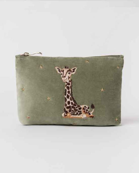 Giraffe Mother & Baby Olive Velvet Mini Pouch