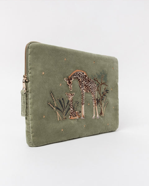 Giraffe Mother & Baby Olive Velvet Laptop Case Small