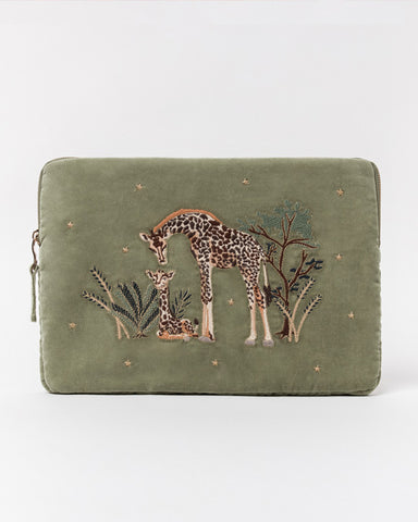 Giraffe Mother & Baby Olive Velvet Laptop Case Small