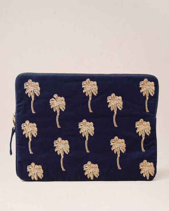 Gold Palm Navy Velvet Laptop Case Small