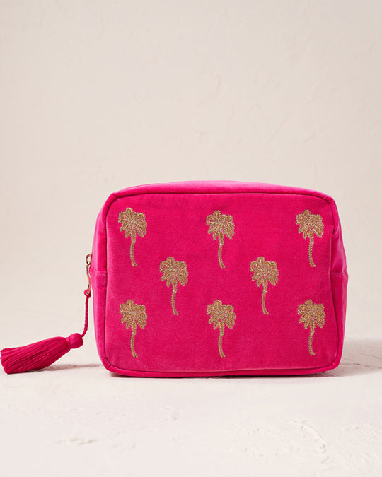 Gold Palm Pink Velvet Wash Bag
