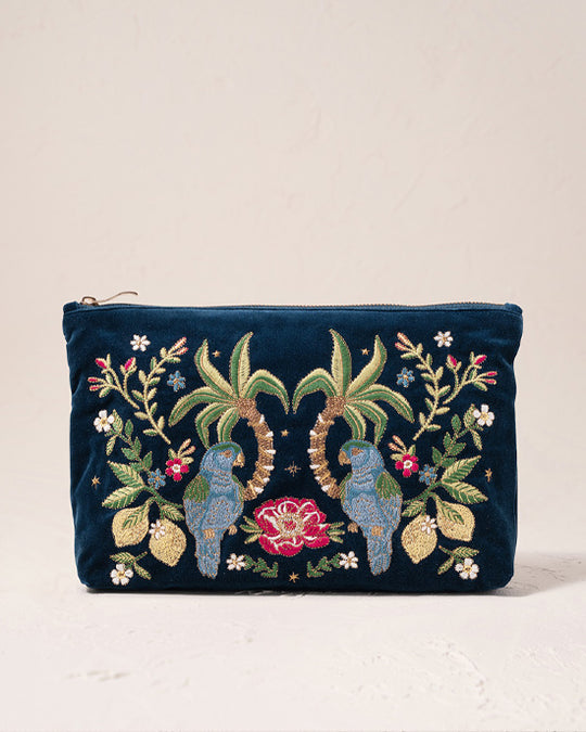Jungle Paradise Parrot Ink Blue Velvet Everyday Pouch