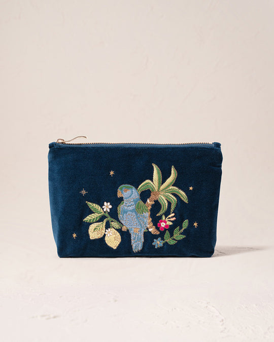 Jungle Paradise Parrot Ink Blue Velvet Mini Pouch