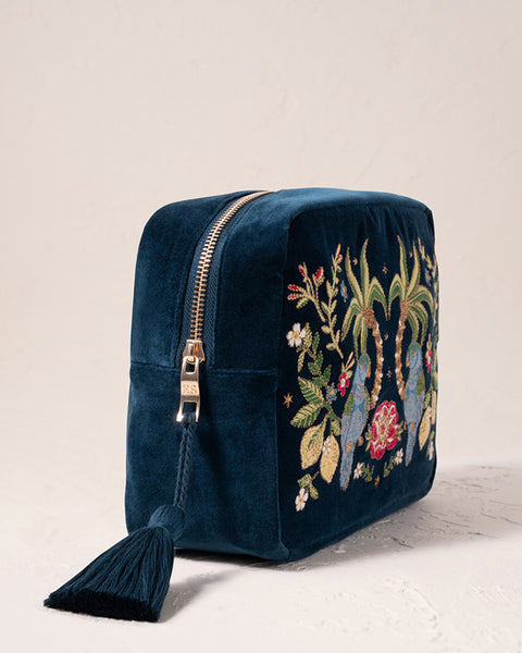 Jungle Paradise Parrot Ink Blue Velvet Wash Bag