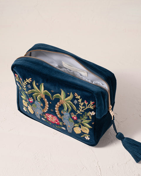 Jungle Paradise Parrot Ink Blue Velvet Wash Bag