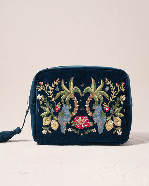 Jungle Paradise Parrot Ink Blue Velvet Wash Bag