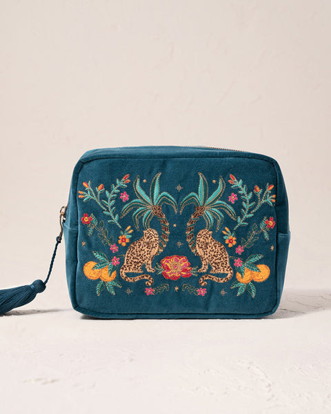 Jungle Paradise Jaguar Rich Blue Velvet Wash Bag