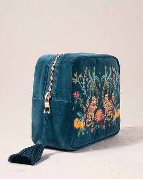 Jungle Paradise Jaguar Rich Blue Velvet Wash Bag