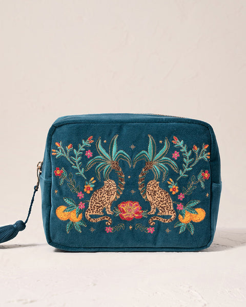 Jungle Paradise Jaguar Rich Blue Velvet Wash Bag