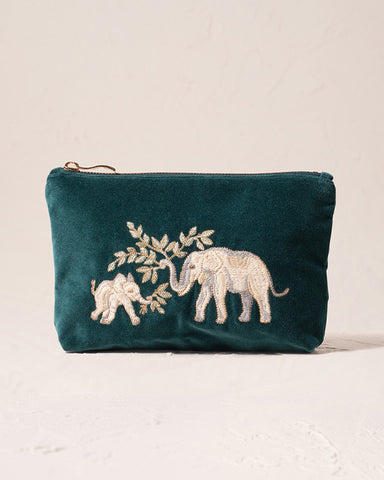 Elephant Herd Emerald Velvet Mini Pouch