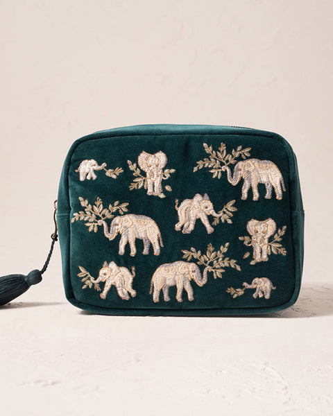 Elephant Herd Emerald Velvet Wash Bag