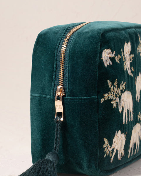 Elephant Herd Emerald Velvet Wash Bag