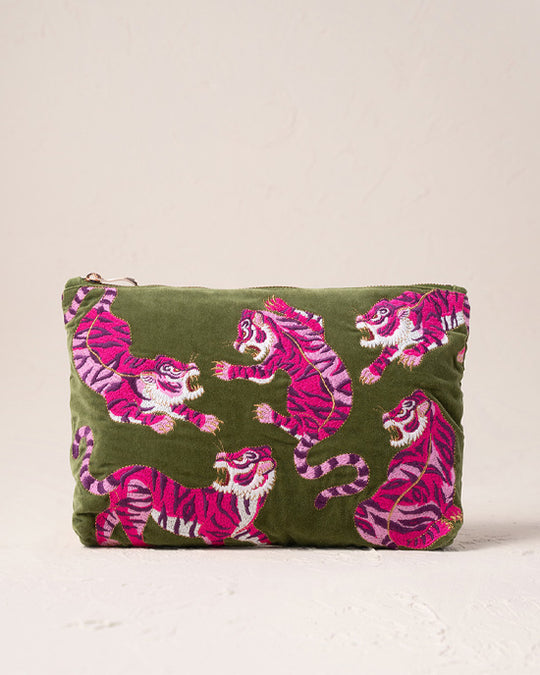 Wild Tiger Fern Green Velvet Everyday Pouch