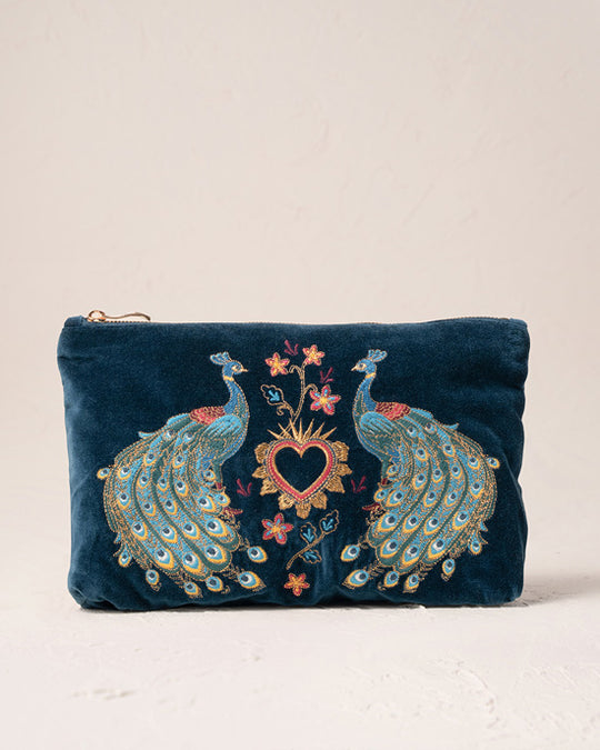 Peacock Floral Ink Blue Velvet Everyday Pouch