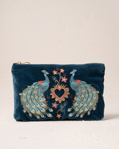 Peacock Floral Ink Blue Velvet Everyday Pouch