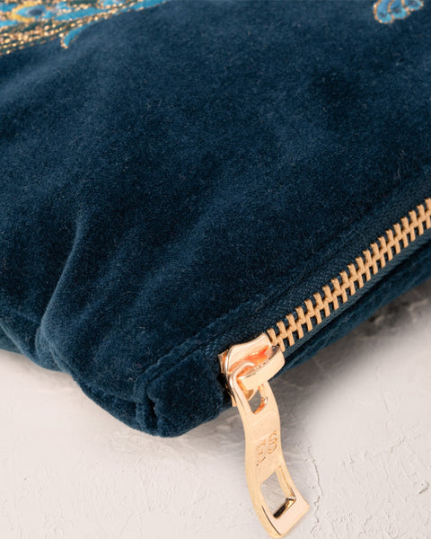 Peacock Floral Ink Blue Velvet Everyday Pouch