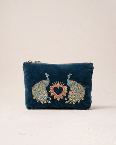 Peacock Floral Ink Blue Velvet Mini Pouch