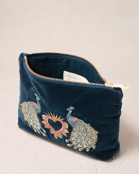 Peacock Floral Ink Blue Velvet Mini Pouch