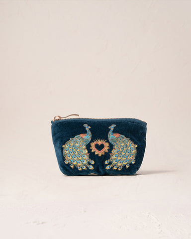 Peacock Floral Ink Blue Velvet Coin Purse