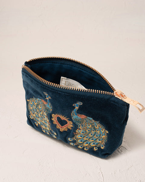 Peacock Floral Ink Blue Velvet Coin Purse