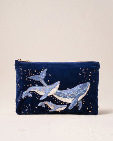 Mystical Whale Navy Velvet Everyday Pouch